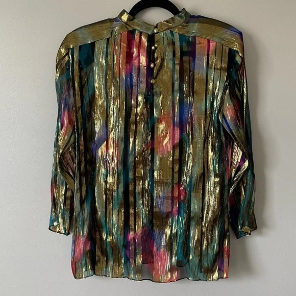 Saks 5th Avenue vintage silk metallic sheer gold blouse shoulder pads sz 4 - Picture 6 of 9